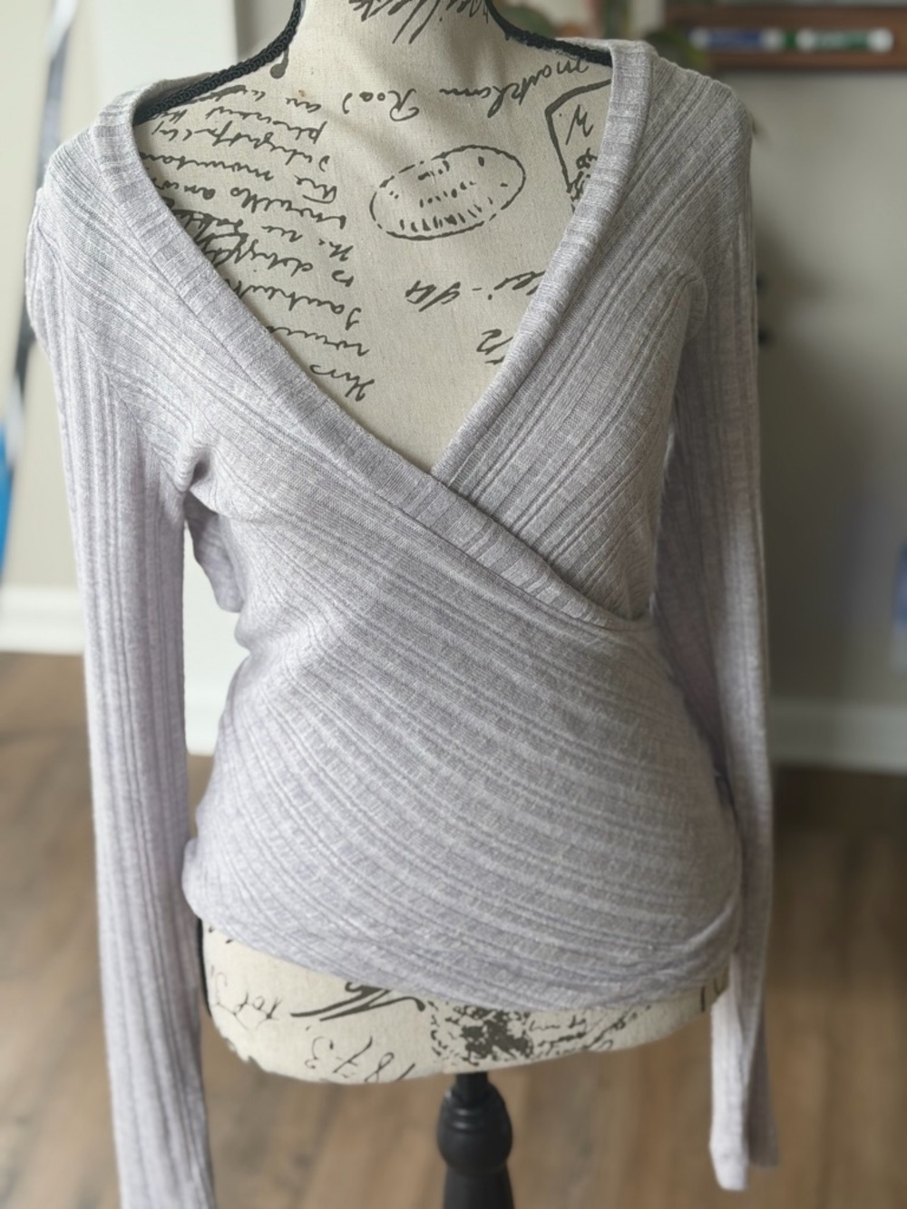 Anthropologie Light Gray Ribbed Wrap V-Neck Sweater